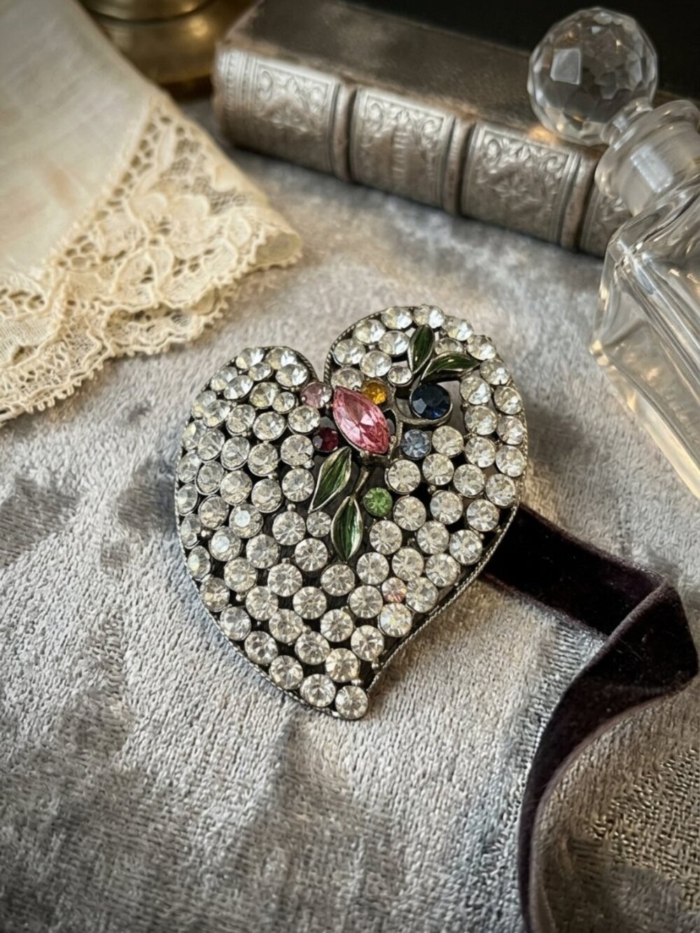Vintage Heart Brooch Pin Clear Rhinestone Pink Marquise Crystal Floral Accent